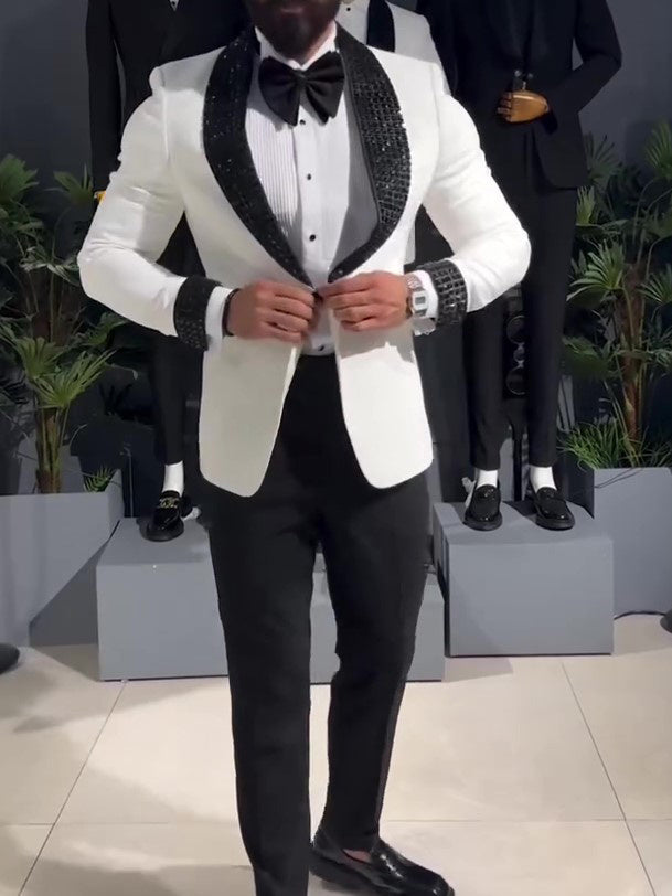 White Tuxedo Jacket w/ Black Sequin Lapel