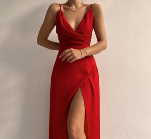 Women’s V-Neck Slit Slim Sling Dress