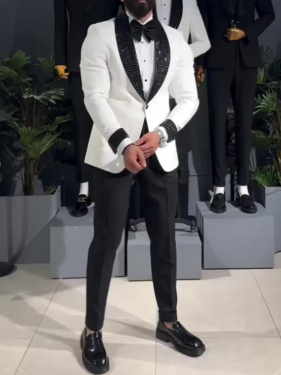 White Tuxedo Jacket w/ Black Sequin Lapel